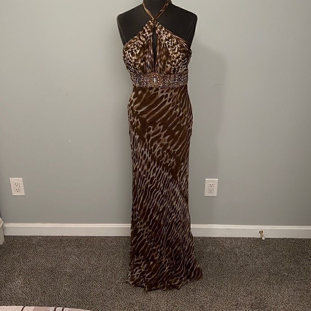 Scala Women's Leopard Animal Print Elegant Open back Maxi Dress Size 8 NWT